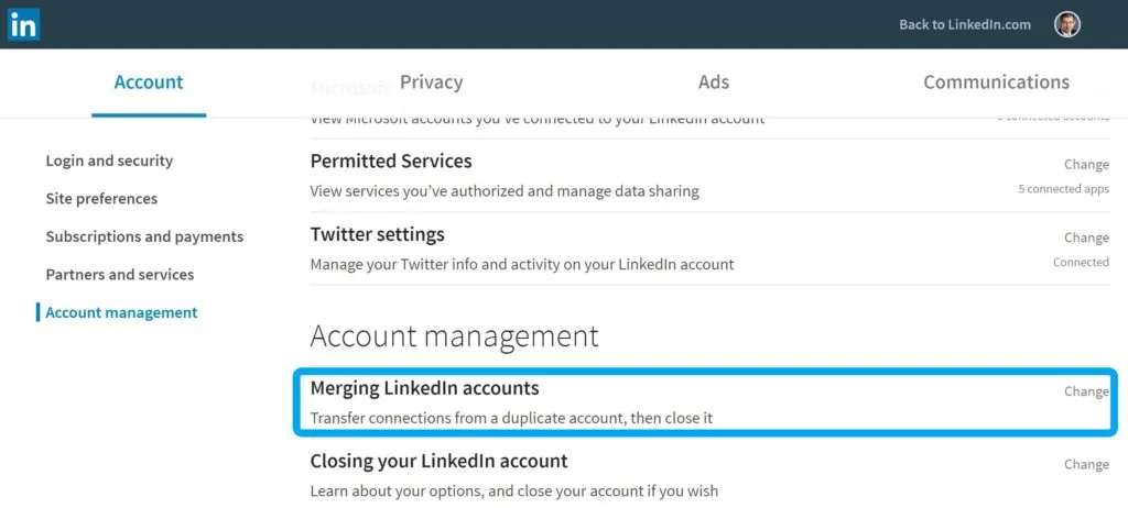 Managing professional connections when moving between LinkedIn accounts to consolidate a network.